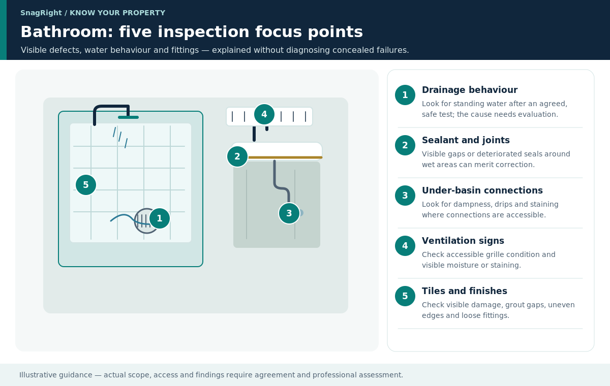 Educational diagram of a bathroom marking five inspection focus points: drain and water behaviour, sealant lines, wet-area ventilation, signs under the basin, and finishes and fittings