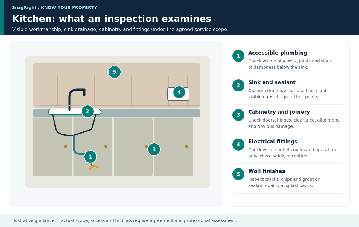 Educational diagram of a kitchen showing what an inspection examines: visible pipework, sink sealant, cabinetry, switches and sockets, and finishes