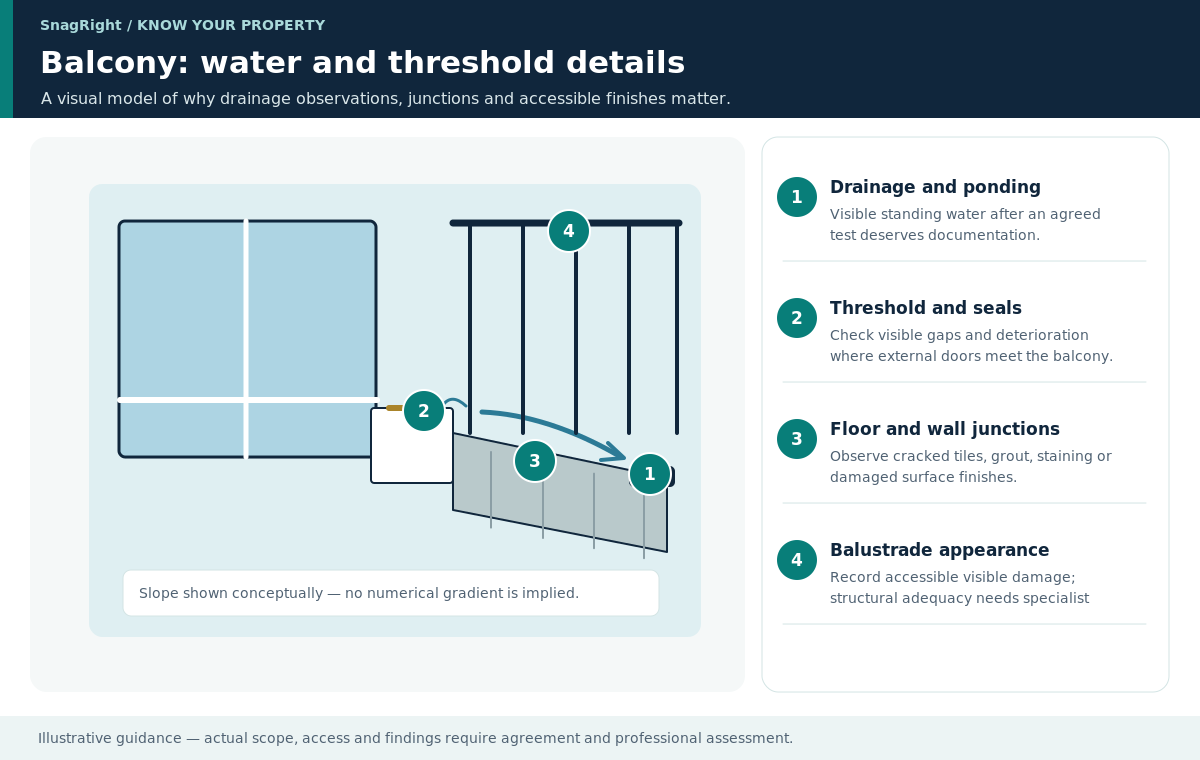 Educational diagram of a balcony showing water and threshold details: floor, door threshold, visible drainage point and railing