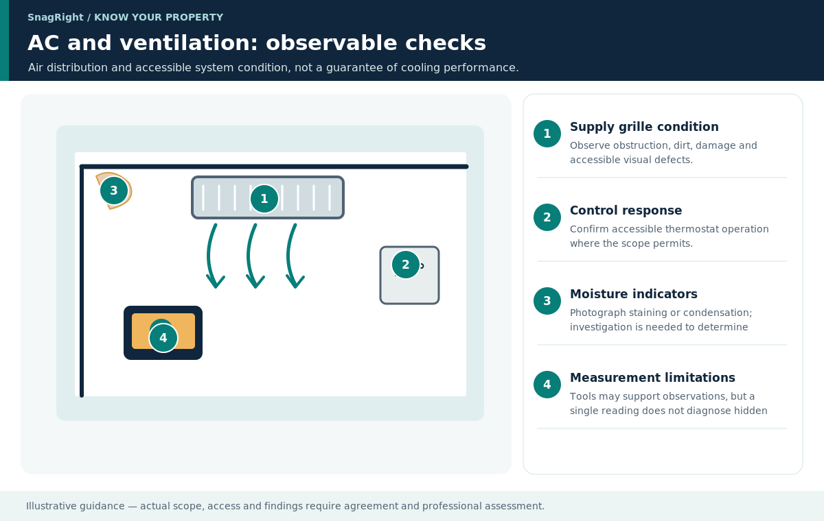 Educational diagram of air-conditioning and ventilation observable checks: grille condition, airflow, controller response and moisture indicators