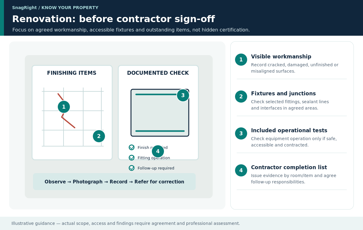 Educational diagram of a renovation completion check before contractor sign-off: visible workmanship, fittings and an outstanding-items log