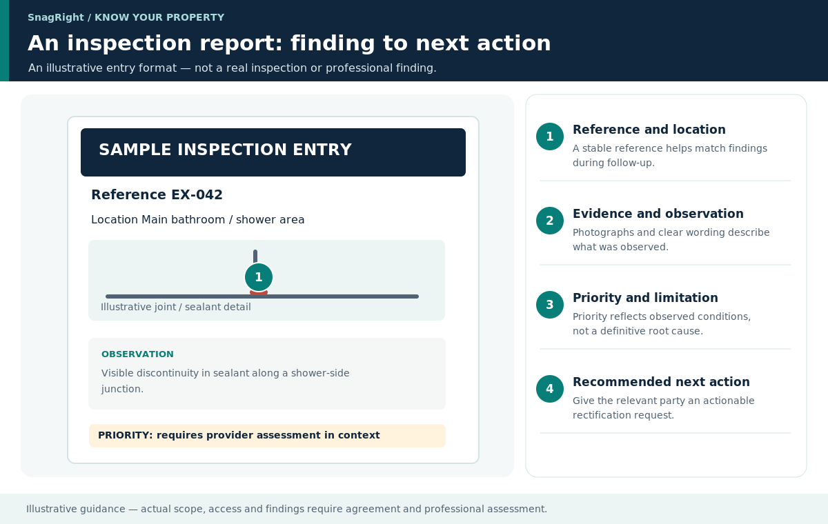 Educational diagram of an inspection report's anatomy: stable reference, location, observation, indicative priority and follow-up