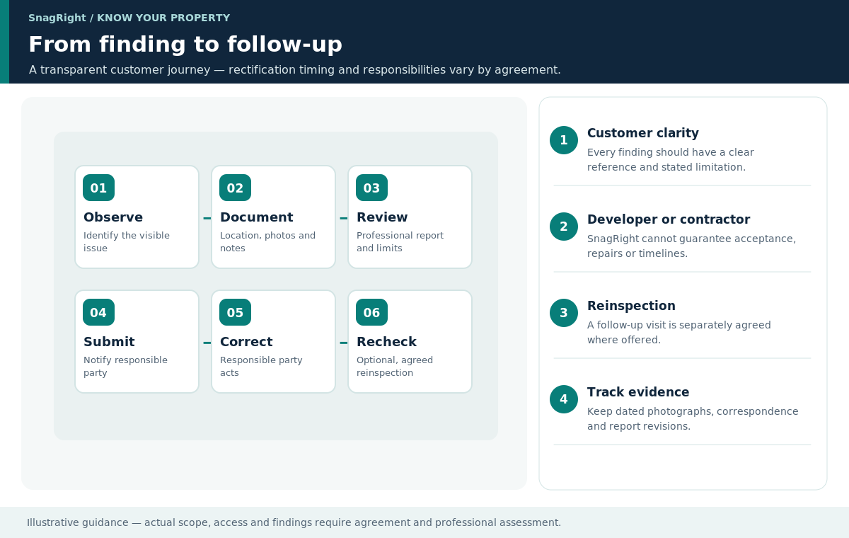 Educational diagram of the path from finding to follow-up: observe, document, review, submit, correct and recheck