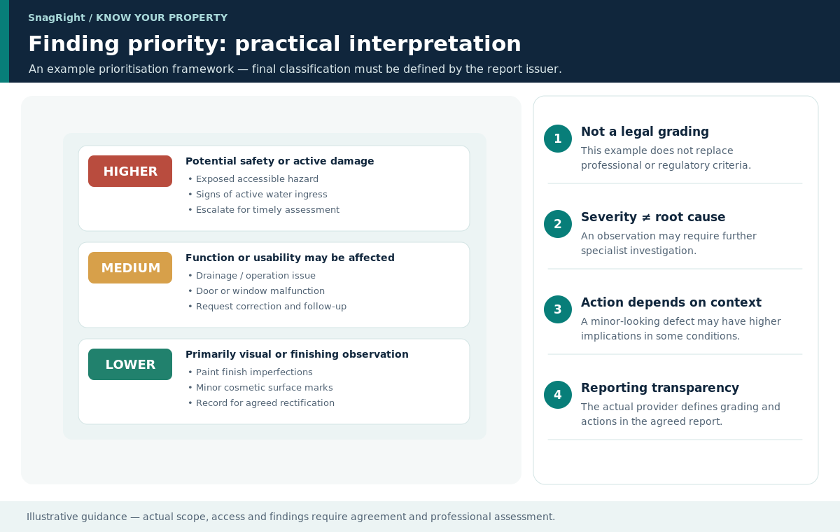 Educational diagram interpreting finding priority: higher, medium and lower indicative reporting priorities