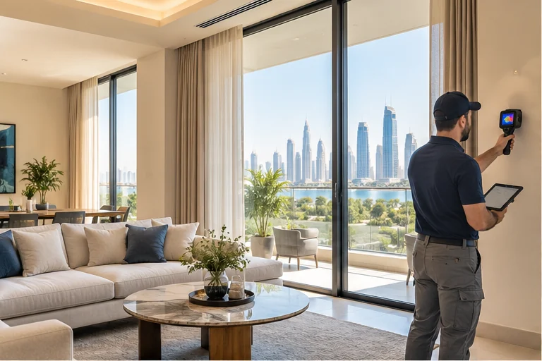Illustration of an inspector holding a handheld instrument and a tablet beside a wall in a bright Dubai-style apartment living room