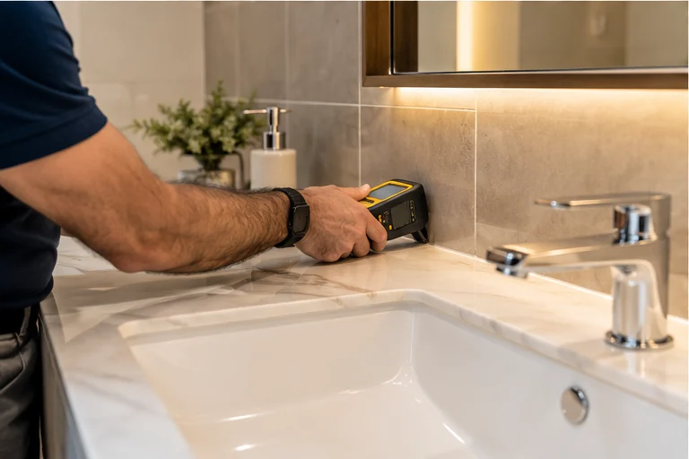 Close-up illustration of a handheld moisture meter held against a bathroom wall above a basin