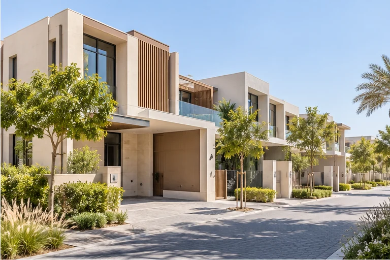Illustrated modern townhouse row with landscaped street frontage