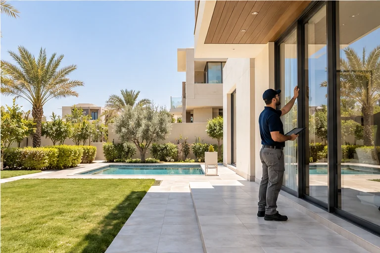 Illustrated inspector checking glass doors on a modern villa terrace with a pool